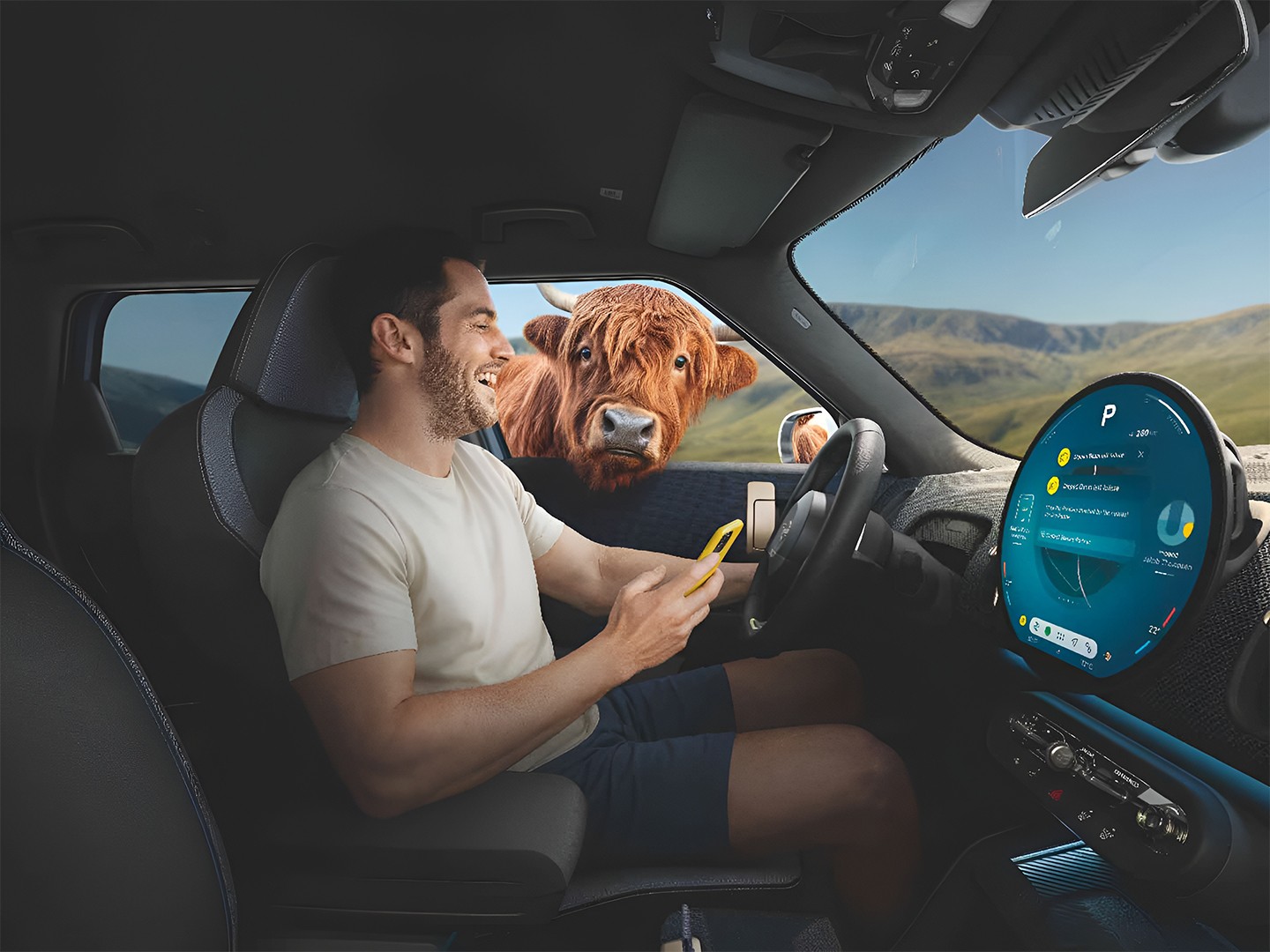 Man leans relaxed against his MINI Countryman S ALL4 while surrounded by Highland Bulls on hilly terrain.